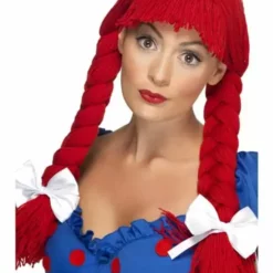 Peluca De Muñeca De Trapo Roja Con Trenzas Y Lazo Para Mujer
